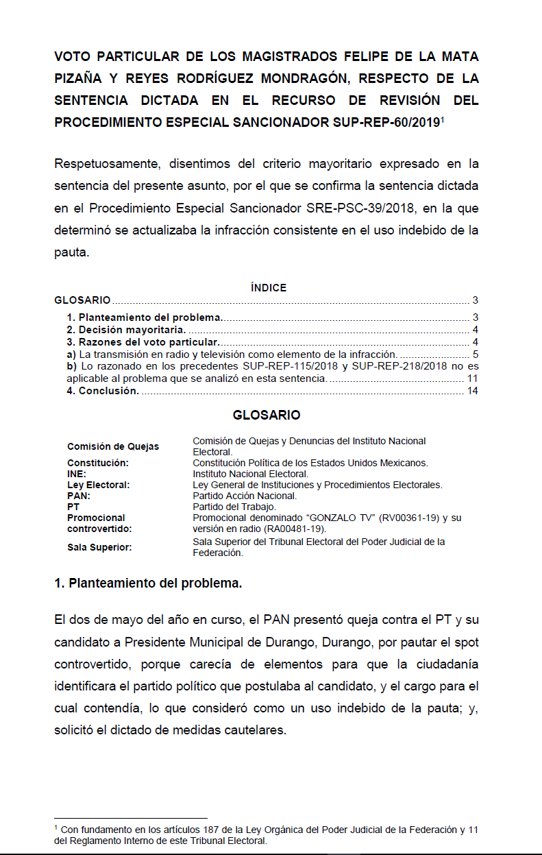 VOTO PARTICULAR DE LOS MAGISTRADOS FELIPE DE LA MATA PIZAÑA Y REYES RODRÍGUEZ MONDRAGÓN, RESPECTO DE LA SENTENCIA DICTADA EN EL RECURSO DE REVISIÓN DEL PROCEDIMIENTO ESPECIAL SANCIONADOR SUP-REP-60/2019