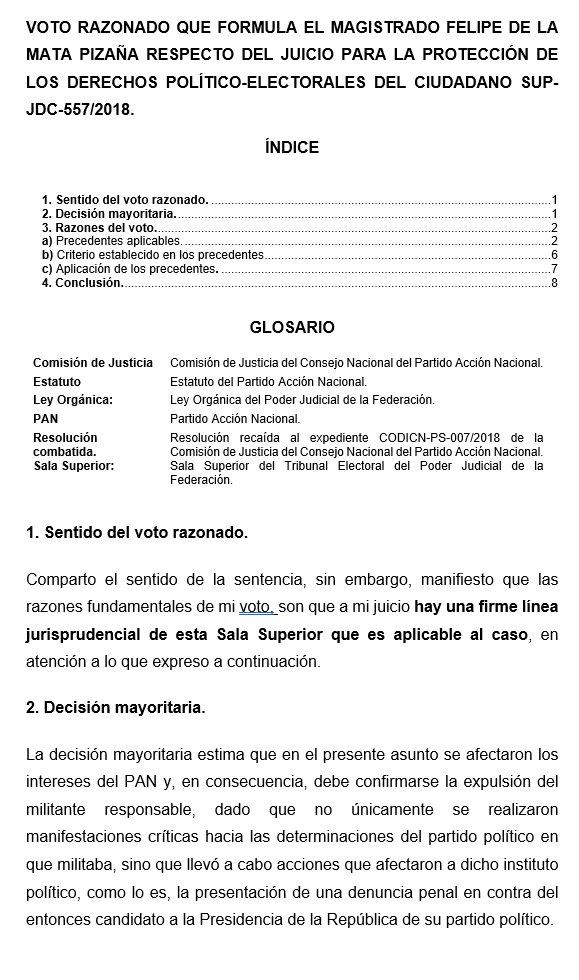 VOTO RAZONADO QUE FORMULA EL MAGISTRADO FELIPE DE LA MATA PIZAÑA RESPECTO DEL JUICIO PARA LA PROTECCIÓN DE LOS DERECHOS POLÍTICO-ELECTORALES DEL CIUDADANO SUP-JDC-557/2018.