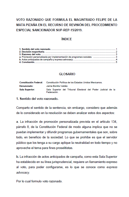 VOTO RAZONADO QUE FORMULA EL MAGISTRADO FELIPE DE LA MATA PIZAÑA EN EL RECURSO DE REVISIÓN DEL PROCEDIMIENTO ESPECIAL SANCIONADOR SUP-REP-15/2019.