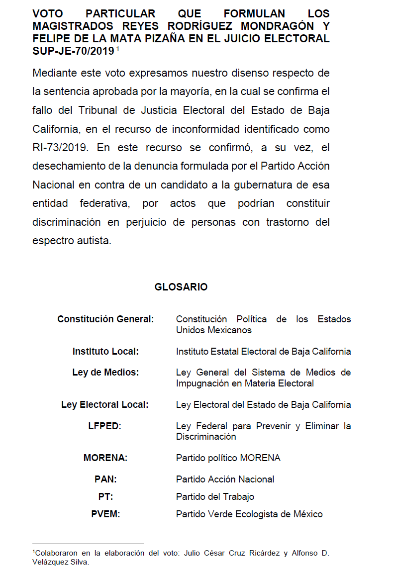 VOTO PARTICULAR QUE FORMULAN LOS MAGISTRADOS REYES RODRÍGUEZ MONDRAGÓN Y FELIPE DE LA MATA PIZAÑA EN EL JUICIO ELECTORAL SUP-JE-70/2019