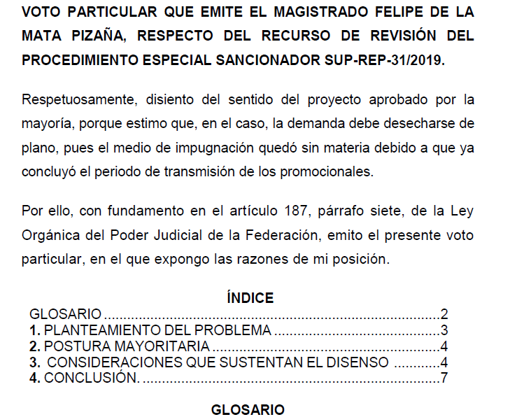 VOTO PARTICULAR QUE EMITE EL MAGISTRADO FELIPE DE LA MATA PIZAÑA, RESPECTO DEL RECURSO DE REVISIÓN DEL PROCEDIMIENTO ESPECIAL SANCIONADOR SUP-REP-31/2019.