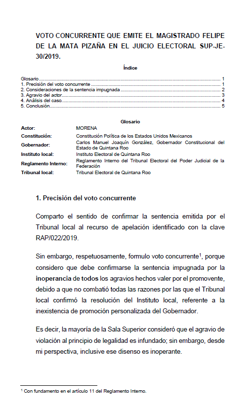 VOTO CONCURRENTE QUE EMITE EL MAGISTRADO FELIPE DE LA MATA PIZAÑA EN EL JUICIO ELECTORAL SUP-JE-30/2019.