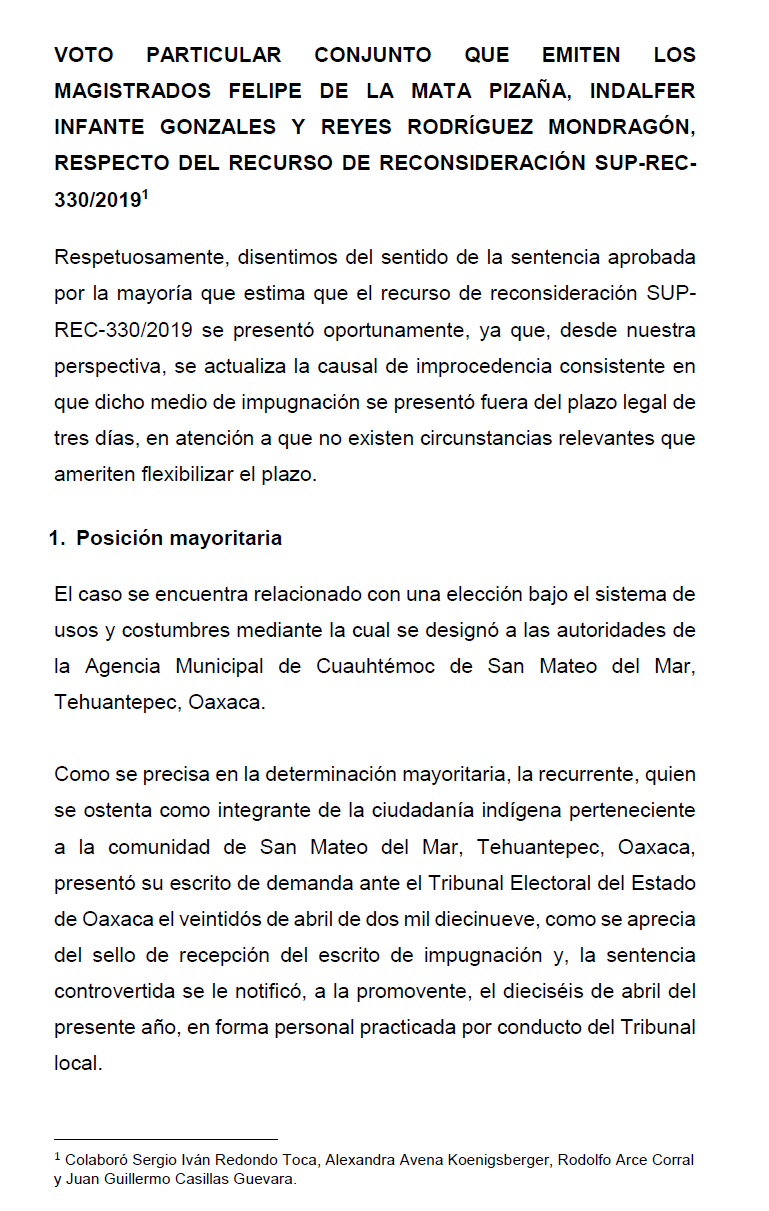 VOTO PARTICULAR CONJUNTO QUE EMITEN LOS MAGISTRADOS FELIPE DE LA MATA PIZAÑA, INDALFER INFANTE GONZALES Y REYES RODRÍGUEZ MONDRAGÓN, RESPECTO DEL RECURSO DE RECONSIDERACIÓN SUP-REC-330/2019