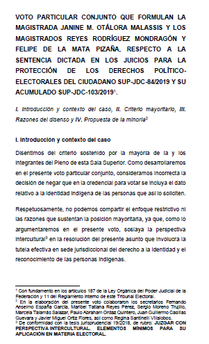 VOTO PARTICULAR CONJUNTO QUE EMITEN LOS MAGISTRADOS ELECTORALES EN EL JUICIO CIUDADANO SUP-JDC-84/2019 Y SU ACUMULADO SUP-JDC-103/2019.