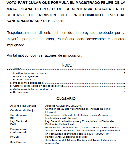 VOTO PARTICULAR QUE FORMULA EL MAGISTRADO FELIPE DE LA MATA PIZAÑA RESPECTO DE LA SENTENCIA DICTADA EN EL RECURSO DE REVISIÓN DEL PROCEDIMIENTO ESPECIAL SANCIONADOR SUP-REP-32/2019