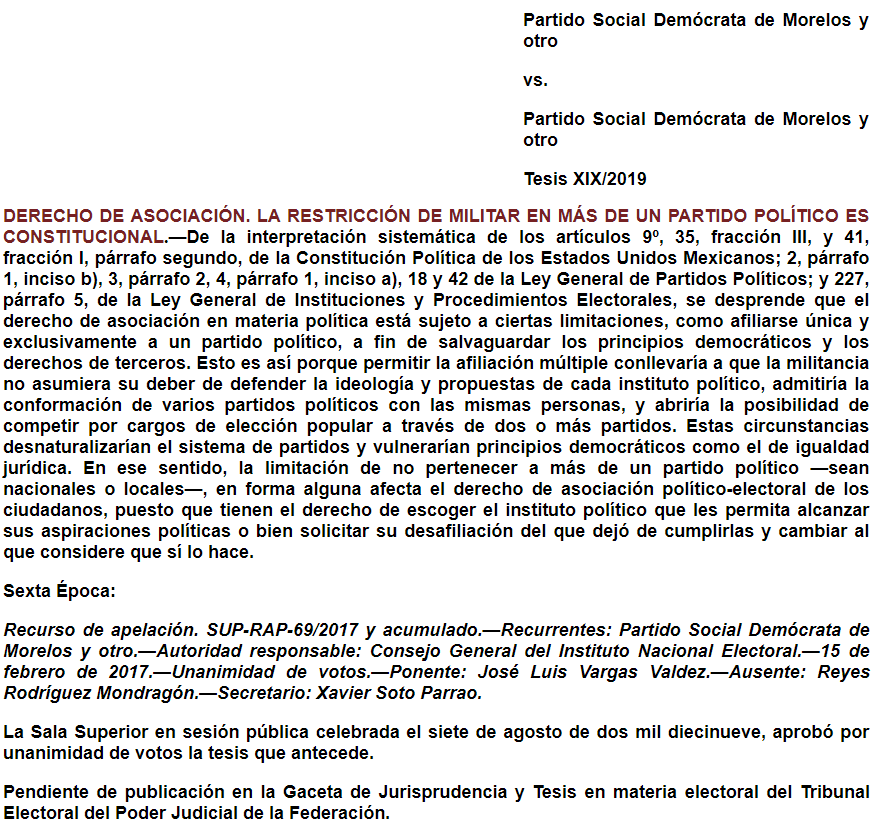 Tesis XIX/2019: Derecho de asociación. La restricción de militar en más de un partido político es constitucional.