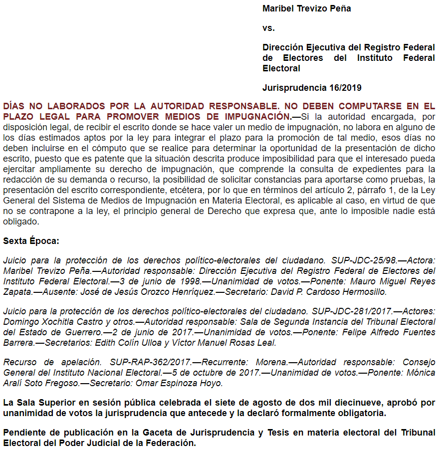 Jurisprudencia 16/2019: Días no laborados por la autoridad responsable. No deben computarse en el plazo legal para promover medios de impugnación.