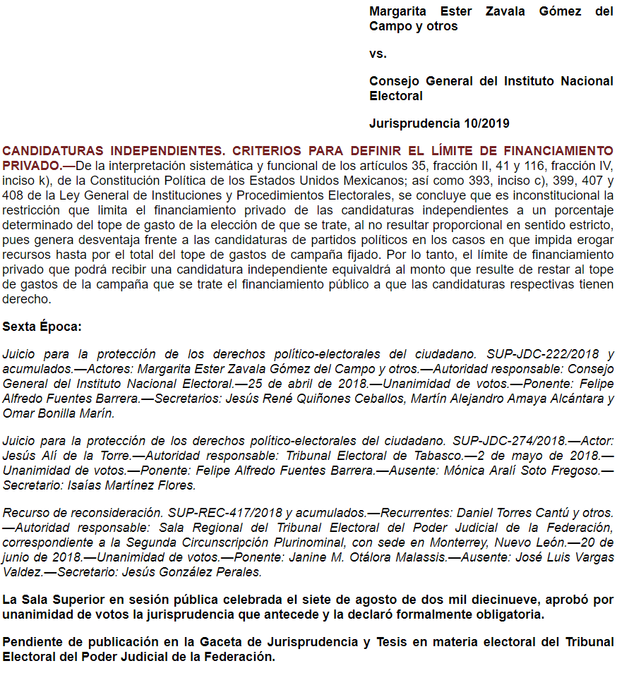 Tesis XVII/2019: Candidaturas Independientes. Elementos para fijar el límite individual de aportaciones para el financiamiento privado.